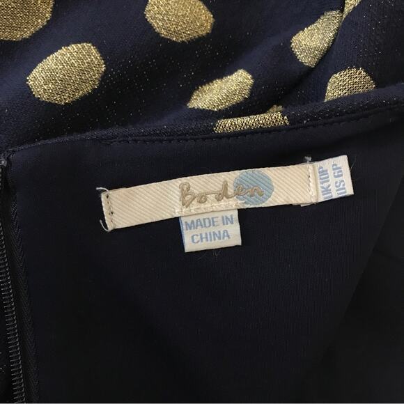Boden Dress Gold Metallic & Navy Blue Knitted Polka Dot Knee Length - Picture 7 of 8